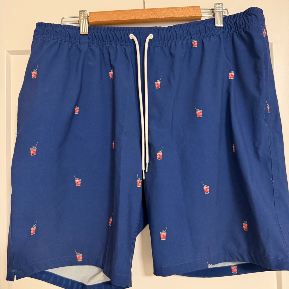 Bonobos Navy Swim Trunks with Red Drink Pattern